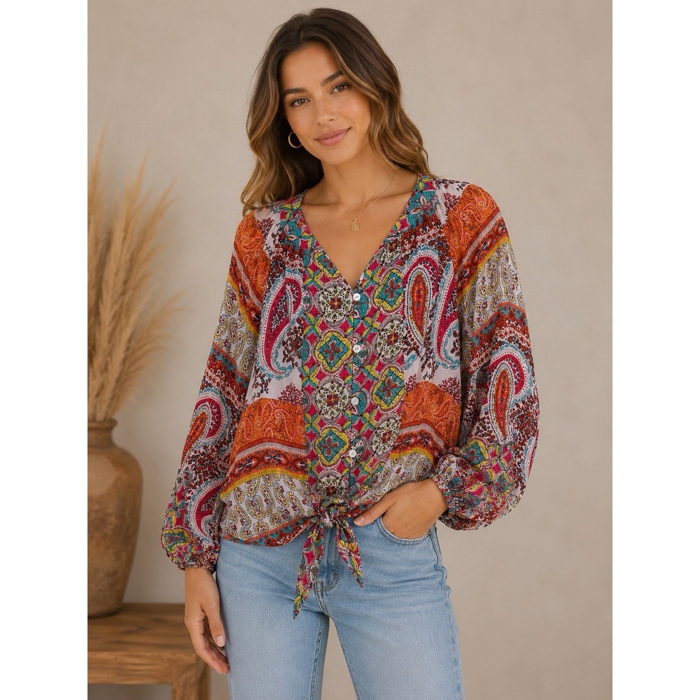 Fig and Flower Tie Front Floral Stripe Blouse Sheer Boho Top Size Small
